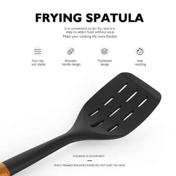 Large Silicone Cooking Utensils Set - Heat Resistant Silicone Kitchen Utensils for Cooking w Wooden Handles, Spatula Set, Kitchen Utensil Gadgets Sets for Non-Stick Cookware, BPA Free (Black)