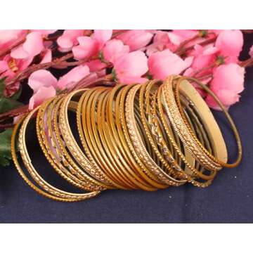 Touchstone Indian Metal Bangles for Women Gold Alloy Bracelets desi 2 Dozen Bangle Collection Bollywood Women's Jewelry Set Multi Stacking Wide Chunky Textured Golden Set of 24 in Gold or White Tone