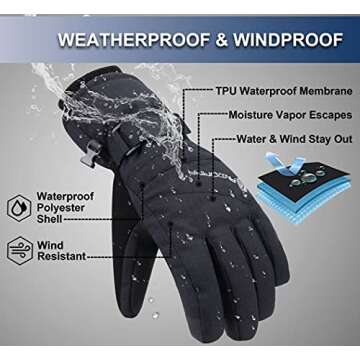 ANDORRA Ski Gloves Women Touchscreen Zipper Pocket Snow Gloves Snowboarding Gloves, Black, S