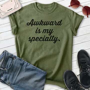 EVERTREE CLOTHING Awkward is My Specialty T-Shirt, Unisex Women's Men's Shirt, Awkward Girl T-Shirt, Heather Military Green, X-Large