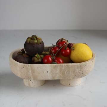 Natural Oval Travertine Fruit Bowl for Kitchen Counter 10", Large Decorative Bowl Two-Legs for Home Decor, Fruits Holder For Dining Table - Kitchen Organization