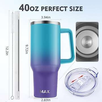 MaxBase 40 oz Tumbler with Handle and Straw Lid, Insulated Reusable Stainless Steel Travel Mug Keeps Drinks Cold up to 34 Hours, 100% Leakproof Bottle for Water, Iced Tea or Coffee, Smoothie and More