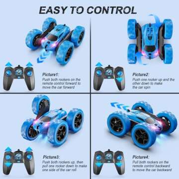 QUNREDA Remote Control Car, RC Cars Toys for Kids Ages 6-12, 4WD Stunt Car with LED Lights & 360° Flips, 2.4GHz, Upgraded USB-C Modular Batteries, 8-10 Year Old Boys 1-Blue