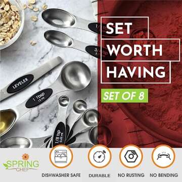 Spring Chef Magnetic Measuring Spoons Set with Strong N45 Magnets, Heavy Duty Stainless Steel Metal, Fits in Most Kitchen Spice Jars for Baking & Cooking, BPA Free, Black, Set of 8 with Leveler