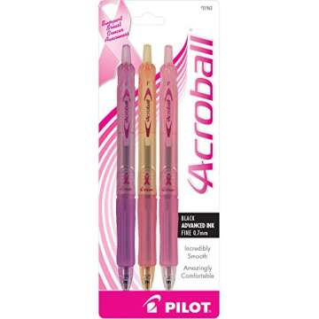 Pilot Acroball for a Cure Breast Cancer Awareness Advanced Ink Retractable Ball Point Pens, Fine Pt., Black Ink, Assorted Color Barrels, 3-Pack (31963) Smooth Writing, Smear-Resistant Advanced Ink