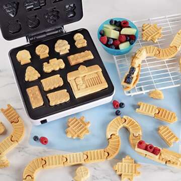 Train Set Waffle Maker- Build Waffle or Pancake Shaped Tracks, Cargo Cars Signs Station- Fun Family Breakfast, Electric Nonstick Waffler Iron w 4 Removable Dishwasher Safe Plates, Recipes- Kids Gift