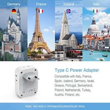 TESSAN 3 Pack European Travel Plug Adapter USB C, US to Europe Plug Adapter with 4 AC Outlets and 3 USB Ports, Type C Power Adaptor for USA to EU International Spain France Iceland Italy Greece