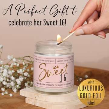 Sweet 16 Gifts for Girls - 'Sweet 16' Soy Candle, w/Vanilla Cupcake & Sprinkles I 16th Birthday Gifts for Girls I Sweet Sixteen Gifts for Girls I 9oz Reusable Jar, 50Hr Burn, Made in USA