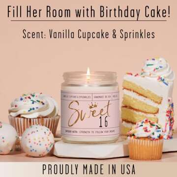 Sweet 16 Gifts for Girls - 'Sweet 16' Soy Candle, w/Vanilla Cupcake & Sprinkles I 16th Birthday Gifts for Girls I Sweet Sixteen Gifts for Girls I 9oz Reusable Jar, 50Hr Burn, Made in USA