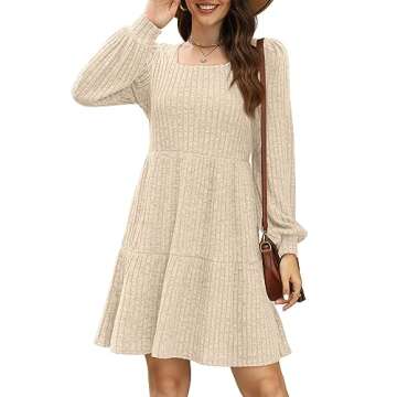 SAMPEEL Women's Off White Square Neck Cable Knit Dress - Elastic Waist, Size S