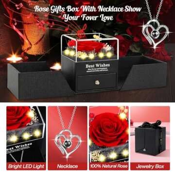 Pasuvsigt Preserved Real Rose with I Love You Heart Necklace 100 Languages with Music&Lights, Romantic Gifts for Women Wife Mom Girlfriend Valentine's Day Mother's Day Birthday Anniversary