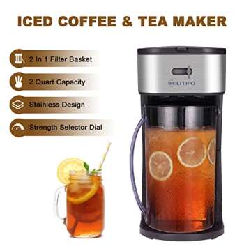 LITIFO Iced Tea Maker and Iced Coffee Maker Brewing System with 2-quart Pitcher, sliding strength selector for Taste Customization, Stainless Steel (Black)