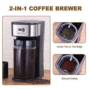 LITIFO Iced Tea Maker and Iced Coffee Maker Brewing System with 2-quart Pitcher, sliding strength selector for Taste Customization, Stainless Steel (Black)