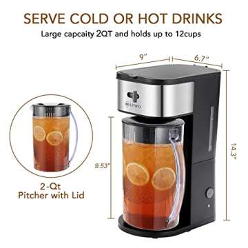 LITIFO Iced Tea Maker and Iced Coffee Maker Brewing System with 2-quart Pitcher, sliding strength selector for Taste Customization, Stainless Steel (Black)