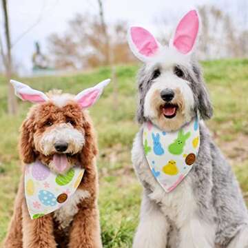 Crowned Beauty Easter Dog Bandanas Large 2 Pack, Colorful Bunnies Eggs Set, Floral Stripe Adjustable Triangle Holiday Plaid Reversible Scarves for Medium Large Extra Large Dogs Pets