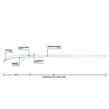 Hooyman 14ft Pole Saw with Heavy Duty Construction, Ergonomic No-Slip H-Grip Handle, and Megabite Teeth for Gardening, Land Management, Yard Work, Farming, and Outdoors