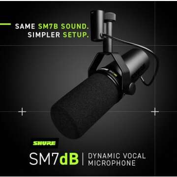 Shure SM7dB Dynamic Vocal Microphone w/Built-in Preamp for Streaming, Podcast, & Recording, Wide-Range Frequency, Warm & Smooth Sound, Rugged Construction, Detachable Windscreen - Black