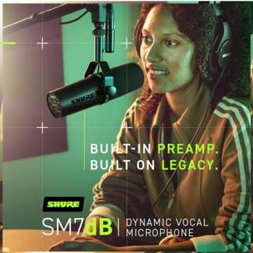 Shure SM7dB Dynamic Vocal Microphone w/Built-in Preamp for Streaming, Podcast, & Recording, Wide-Range Frequency, Warm & Smooth Sound, Rugged Construction, Detachable Windscreen - Black