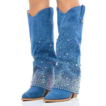 Gradinery Denim Boots for Women Blue Jean Sparkly Rhinestone Cowboy Boots Pointed Stiletto High Heel Knee High Boots Stylish and Comfortable Footwear