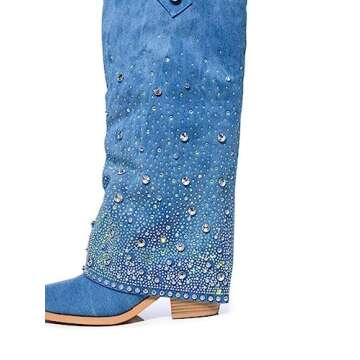 Gradinery Denim Boots for Women Blue Jean Sparkly Rhinestone Cowboy Boots Pointed Stiletto High Heel Knee High Boots Stylish and Comfortable Footwear