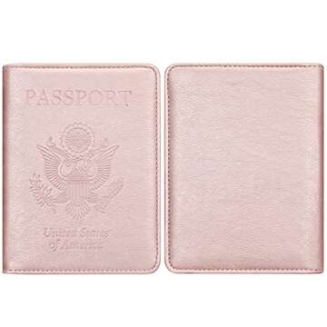 HOTCOOL Passport and Vaccine Card Holder Combo Leather RFID Blocking Wallet with Elastic Strap Travel Cover Case for Passport, with USA CDC Vaccination Card Slot, with Pen, Rose Gold