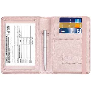 HOTCOOL Passport and Vaccine Card Holder Combo Leather RFID Blocking Wallet with Elastic Strap Travel Cover Case for Passport, with USA CDC Vaccination Card Slot, with Pen, Rose Gold