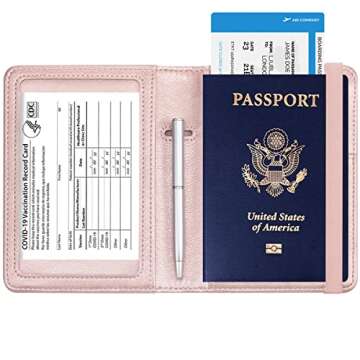 HOTCOOL Passport and Vaccine Card Holder Combo Leather RFID Blocking Wallet with Elastic Strap Travel Cover Case for Passport, with USA CDC Vaccination Card Slot, with Pen, Rose Gold