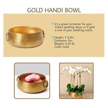 Serene Spaces Living 3.75" Decorative Gold Iron Handi Bowl with Handle - Large Centerpiece in Traditional Indian Style for Home, Diwali, Potpourri