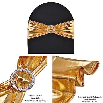 SweetEasy 50pcs Metallic Golden Stretch Spandex Chair Sashes with Buckle for Christmas Wedding Party Banquet Celebration Baby Shower Events Birthday Decoration Anniversary Ceremony Reception