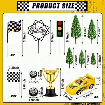 Yulejo 38 Pcs Racing Car Cake Decoration with Race Car Cake Topper Wheel Checkered Racing Flag Cupcake Topper Black Birthday Cake Topper Race Car Birthday Party Supplies Car Themed Party Favor for Kid