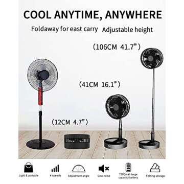 UN UNITEDTIME Desk Portable fan, My Foldaway Travel fan with remote Control Timer, Battery Operated or USB Powered,Adjustable Height Portable fan, 4 Speed Settings (Black)