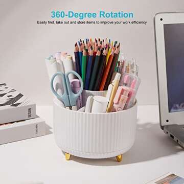 Lolocor Desk Pencil Pen Holder, 5 Slots 360 Degree Rotating Desk Pen Organizers for Desk Desktop Storage Stationery Supplies Cup Pot for Office School Home Art Supply White