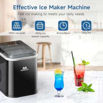 Ice Maker Countertop, LED Display Portable Ice Maker Machine with Handle, 26.5lbs/24Hrs, 8 Cubes in 6-9 Mins, Self-Cleaning Ice Makers with Ice Scoop and Basket for Home, Kitchen, Office, Bar