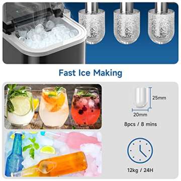 Ice Maker Countertop, LED Display Portable Ice Maker Machine with Handle, 26.5lbs/24Hrs, 8 Cubes in 6-9 Mins, Self-Cleaning Ice Makers with Ice Scoop and Basket for Home, Kitchen, Office, Bar