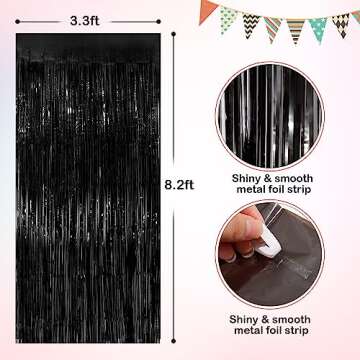 Black Metallic Tinsel Foil Fringe Curtains, 2 Pack 3.3x8.3 Feet Party Streamer Curtains for Birthday Party Decorations, Halloween Decor, Foil Curtain Backdrop for Bachelorette Party