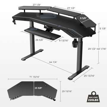 EUREKA ERGONOMIC Gaming Desk, Standing Desk Keyboard Tray, 72" Wing Shaped Music Studio Desk Electric Adjustable Height Desk Sit Stand Desk with LED Shelves, Gaming Recording Live Stream, Slot Design