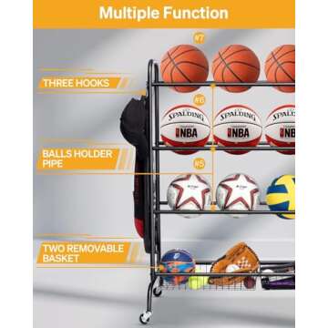 EXTCCT Basketball Rack, Outdoor Rolling Basketball Shooting Training Stand,Sports Equipment Storage with Wheels, Garage Four-layer ball Holder With Two Basket For Basketballs Footballs Volleyball