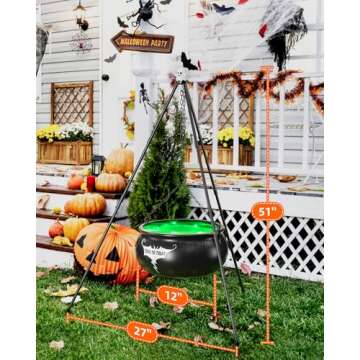 DJROLL Halloween Decorations Outdoor, Witches Cauldron on Tripod with String Lights, Black Plastic Cauldron Halloween Decor for Yard Patio Porch Outside