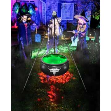 DJROLL Halloween Decorations Outdoor, Witches Cauldron on Tripod with String Lights, Black Plastic Cauldron Halloween Decor for Yard Patio Porch Outside