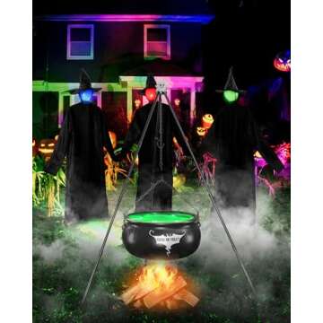 DJROLL Halloween Decorations Outdoor, Witches Cauldron on Tripod with String Lights, Black Plastic Cauldron Halloween Decor for Yard Patio Porch Outside