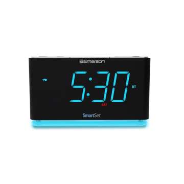 Emerson Smartset Alarm Clock Radio with Bluetooth Speaker with USB Port for iPhone/iPad/iPod/Android and Tablets, 1.4" Cyan LED Display and Night Light, ER100301