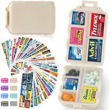 Travel Pill Organizer Box w/ 300 Brand Labels & 28 White Labels, 10 Compartments Small Pill Case Medicine Kit, Portable Pocket Purse Pharmacy, Daily Weekly Vitamin Supplement Medication Holder - Khaki