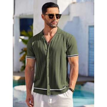 COOFANDY Mens Button Up Short Sleeve Knit Shirt Resort Wear for Men Vintage Old Money Shirt Army Green