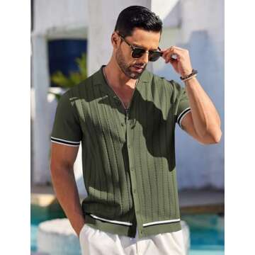 COOFANDY Mens Button Up Short Sleeve Knit Shirt Resort Wear for Men Vintage Old Money Shirt Army Green