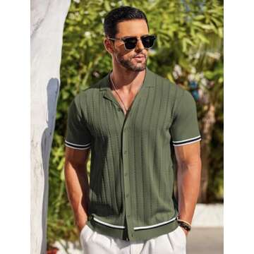 COOFANDY Mens Button Up Short Sleeve Knit Shirt Resort Wear for Men Vintage Old Money Shirt Army Green