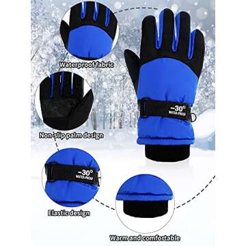 SATINIOR 2 Pairs Kids Waterproof Gloves Winter Warm Gloves Outdoor Thickening Ski Gloves Cold Weather Snowboard Gloves for Boys Girls (Red, Blue,6-10 Years)