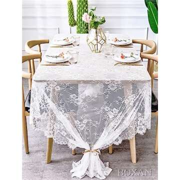 BOXAN 60x120 Inch Gorgeous White Lace Tablecloth Overlay Rose Vintage Embroidered, Romantic Boho Wedding Reception Table Decor, Baby & Bridal Shower Décor, Elegant Chic Outdoor Tea Party Tablecover