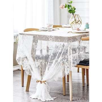 BOXAN 60x120 Inch Gorgeous White Lace Tablecloth Overlay Rose Vintage Embroidered, Romantic Boho Wedding Reception Table Decor, Baby & Bridal Shower Décor, Elegant Chic Outdoor Tea Party Tablecover