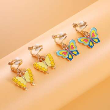 A chic set of 20 pairs clip on earrings for girls without Pierced Ears,Vibrant Themes Like Flowers, Unicorns, Ladybugs, Butterflies, Sheep