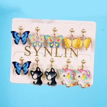 A chic set of 20 pairs clip on earrings for girls without Pierced Ears,Vibrant Themes Like Flowers, Unicorns, Ladybugs, Butterflies, Sheep